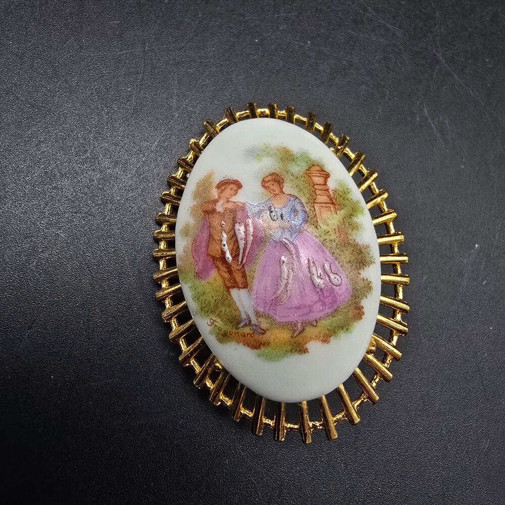 Limoges Porcelain Courting Couple Brooch Vintage Costume Jewelry